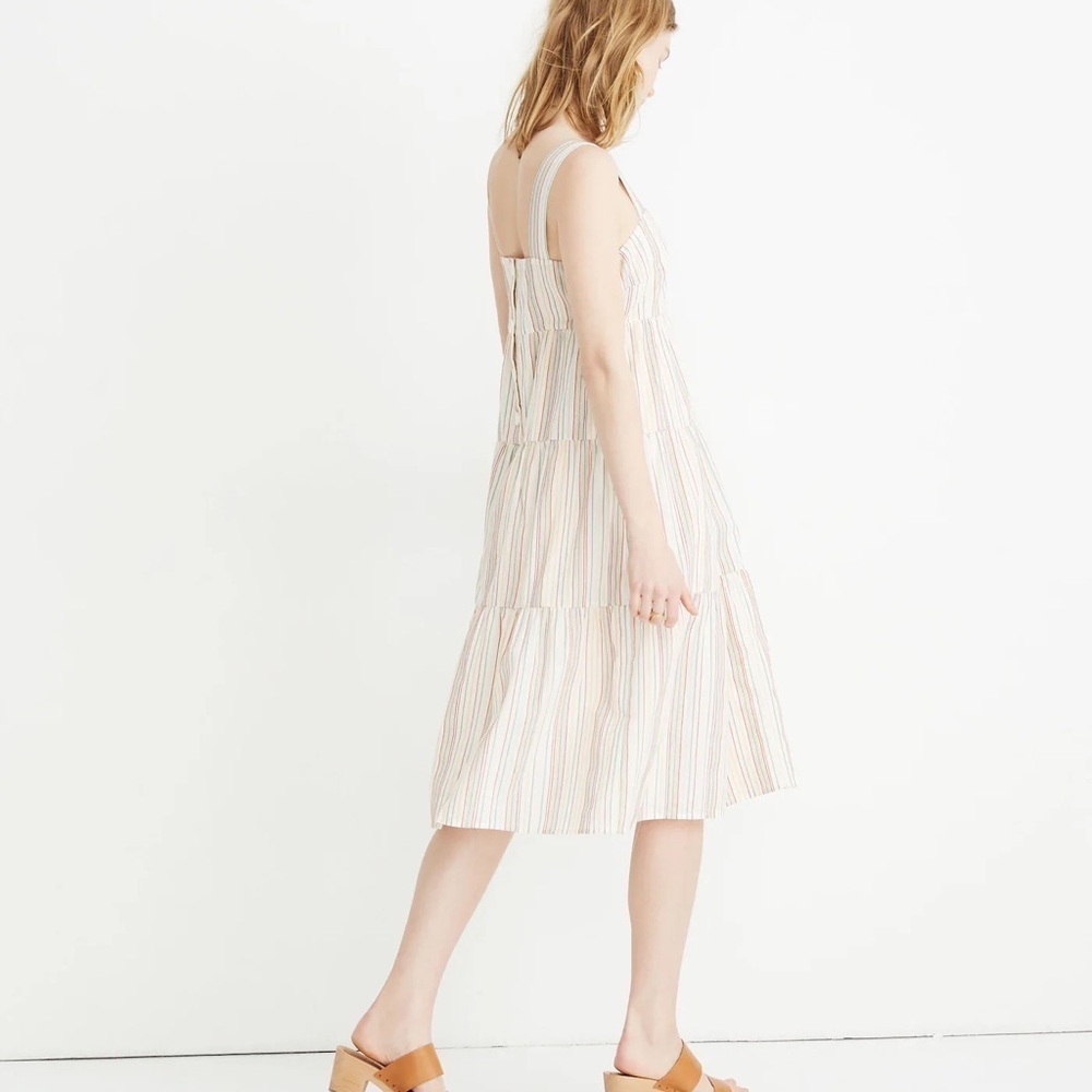 MADEWELL Button-Back Tiered Textural Rainbow Stripe Sun Summer Casual Dress